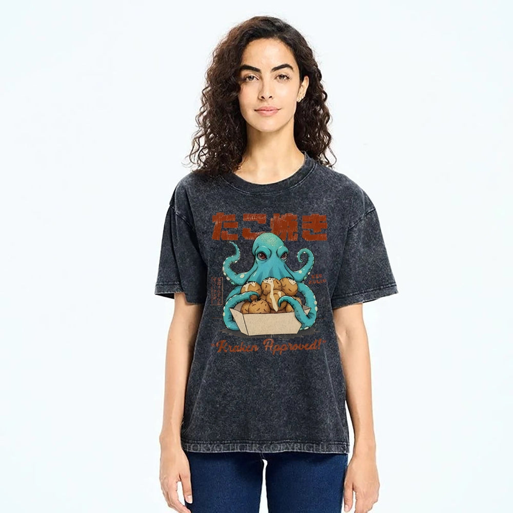 Unisex Japanese Octopus Printed Washed Tee