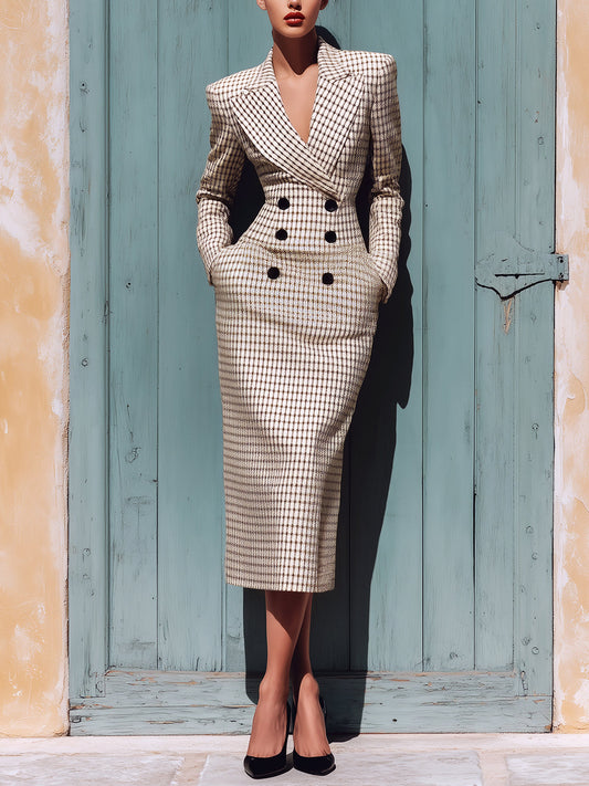 Taidalw Elegant Vintage Beige Houndstooth Wool Blend Lapel Double-Breasted Slim-Fit Midi Blazer Dress