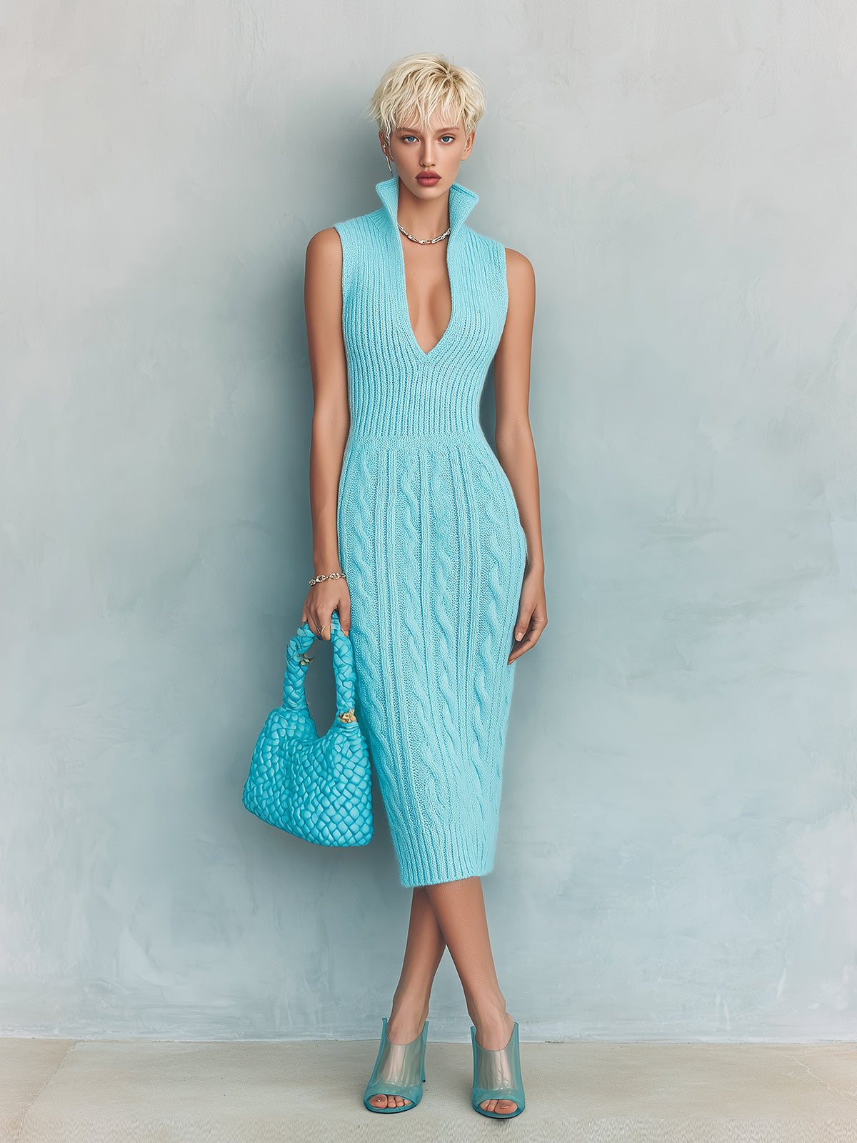 Taidalw Chic Elegant Blue Stand Collar Deep V-Neck Sleeveless Tailored Waist Slim-Fit Cable Knit Midi Dress