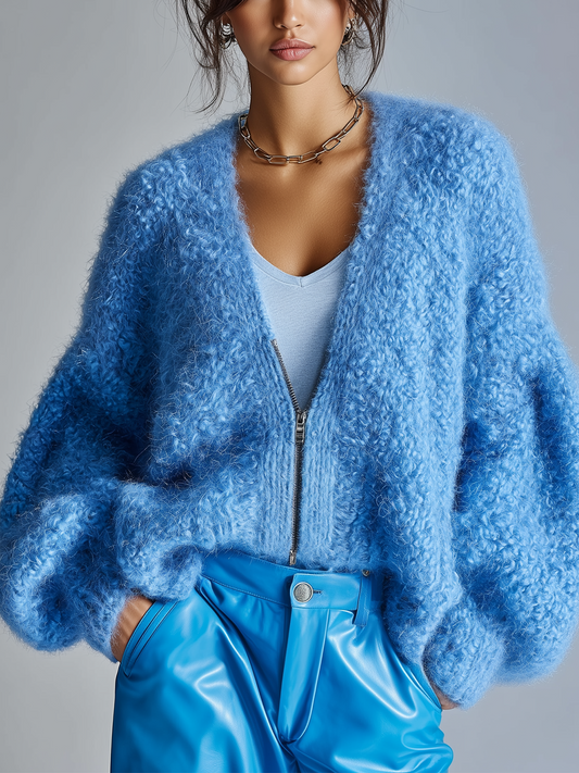 Taidalw Stylish Casual Blue V-Neck Zipper-Front Loose Plush Knit Cardigan