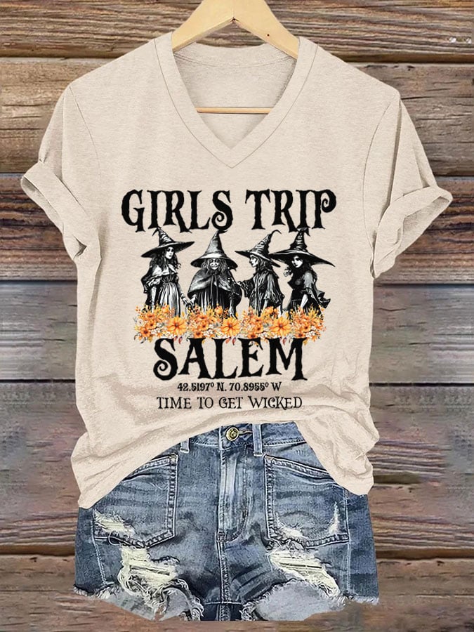 Women's Girl's Trip Salem Time To Get Wicked Halloween Print T-Shirt