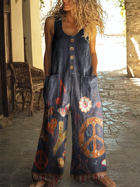 Women's Vintage Hippie Peace Love Print Casual 100% Cotton Wide Leg Jumpsuit