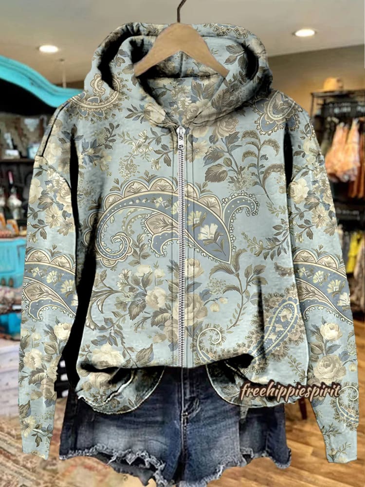 Paisley Print Casual Zip Hoodie Sweatshirt