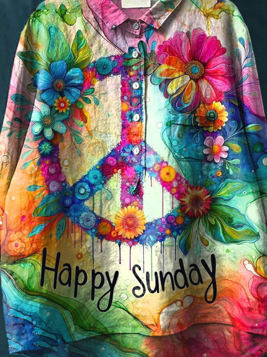 Happy Sunday Peace And Love Flower Art Pattern Print Casual Cotton And Linen Shirt