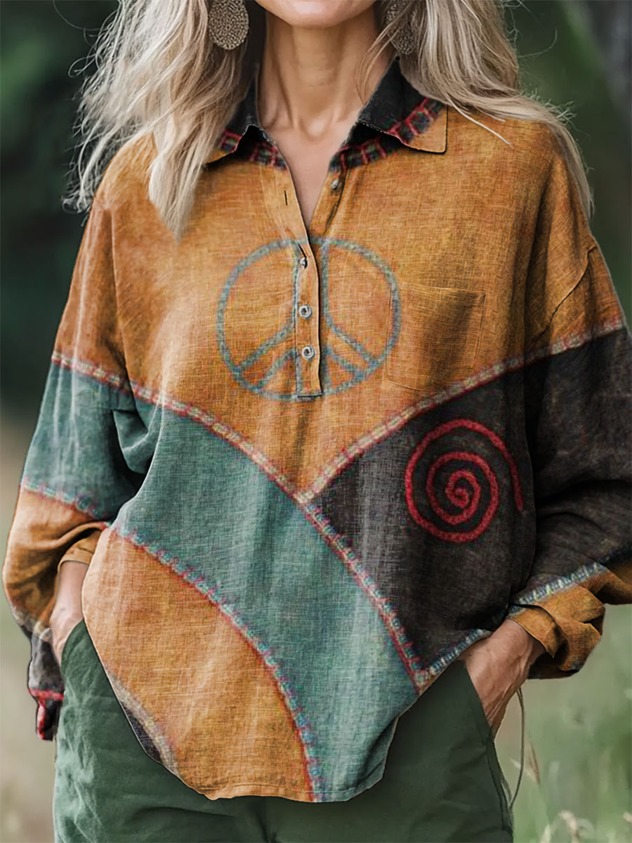 Women's Hippie Colorblock Art Print Casual Cotton and Linen Shirt