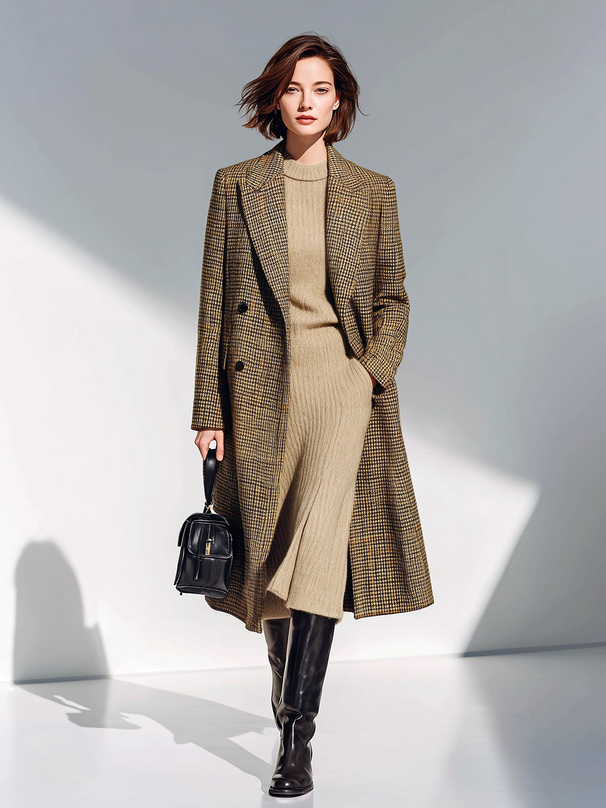Taidalw Vintage Elegant Khaki Plaid Wool Blend Lapel Double-Breasted Long Coat