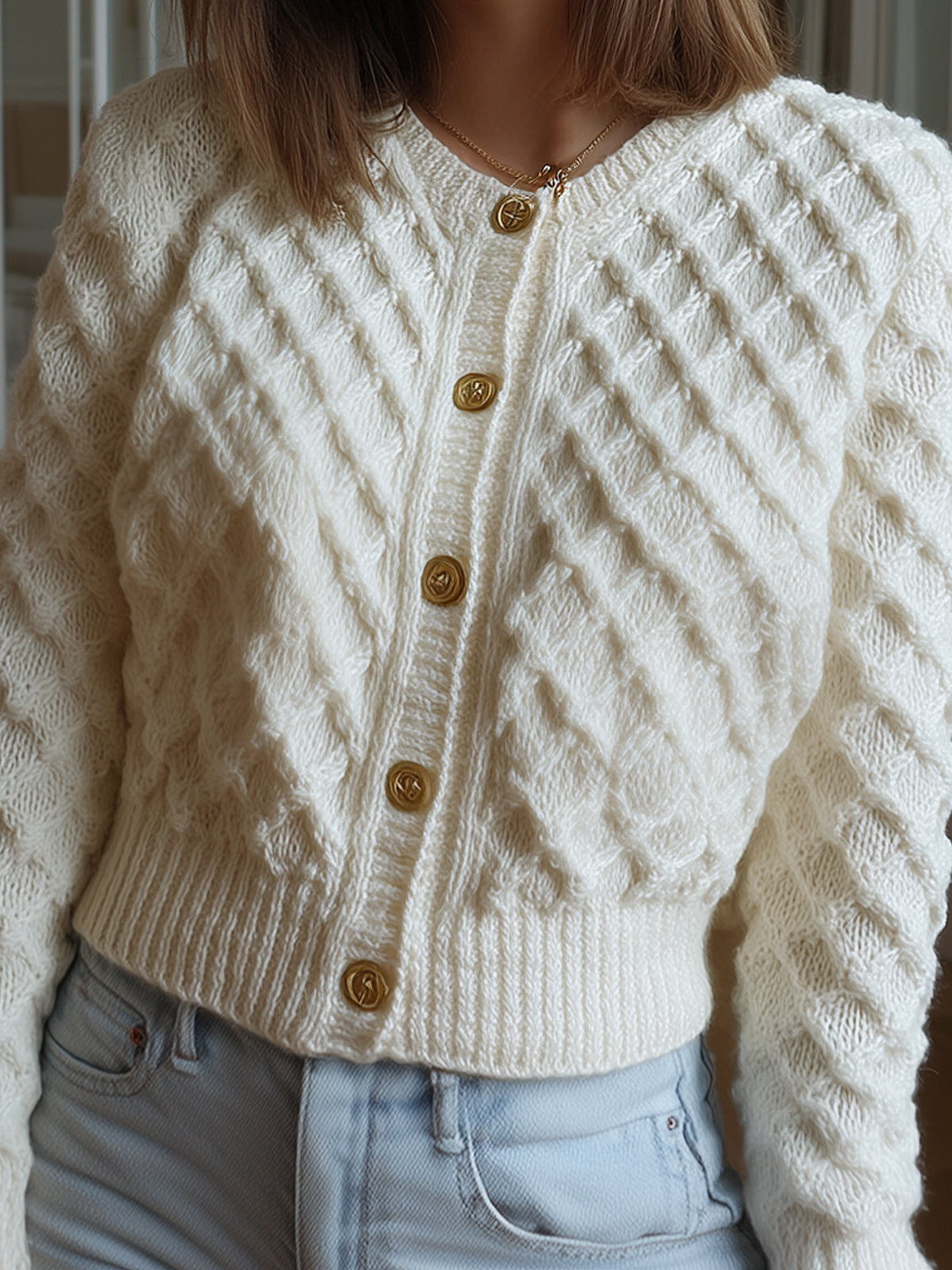 Taidalw Casual Chic Cream White Cable Knit Crew Neck Gold Button Cropped Cardigan