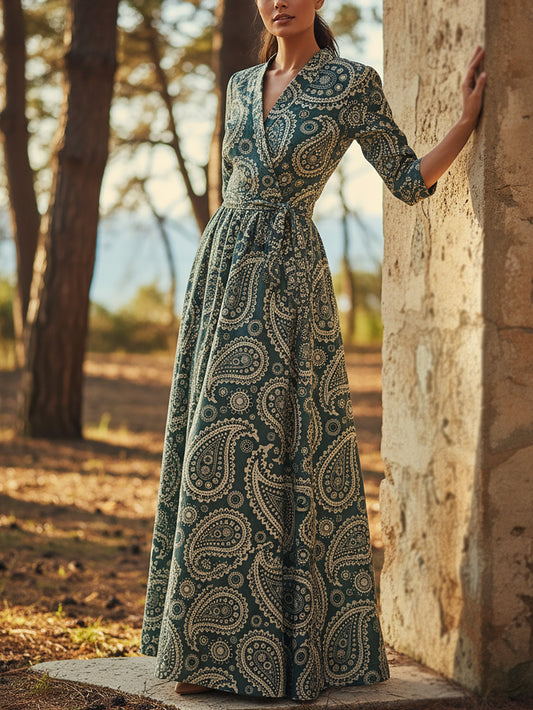 Maxi Linen Dress, Half Sleeve, V Neck, Paisley, Belt Design, Vintage, Cyan