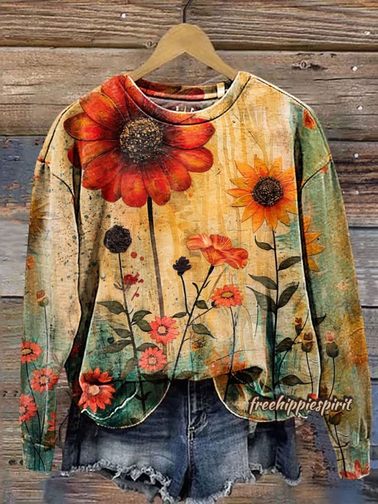 Vintage Floral Art Print Casual Sweatshirt