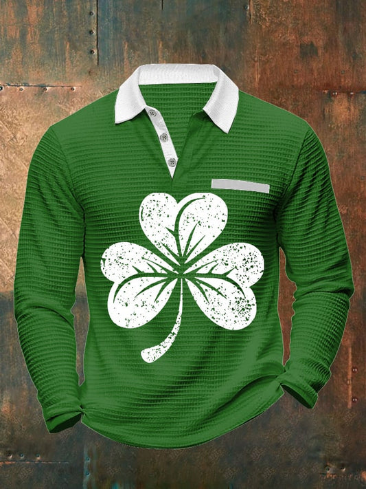 Men's Shamrock Waffle Contrast Color Polo Long Sleeve T-shirt