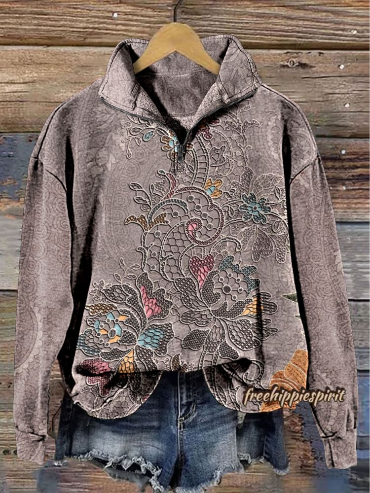 Vintage Floral Art Print Casual Long Sleeve Zip Sweatshirt