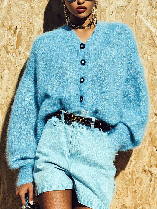 Taidalw Casual Chic V-neck Single-breasted Oversized Long-sleeved Mohair Knit Cardigan