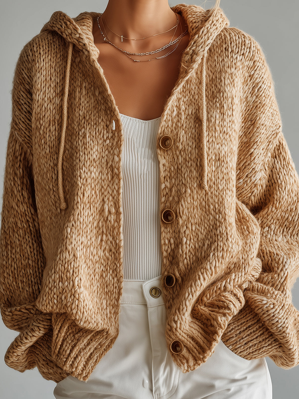Taidalw Chic  Casual Camel Hooded Wooden Button Slouchy Chunky Knit Cardigan