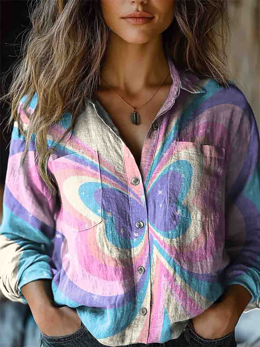 Women's Butterfly Print Casual Long Sleeve Comfortable Cotton Shirt