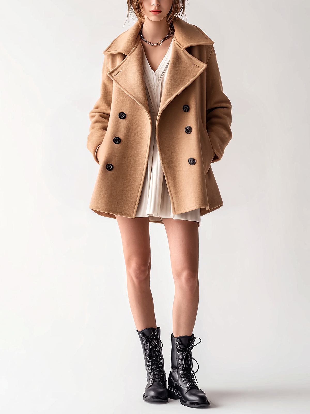 Taidalw Chic Vintage Camel Wool Blend Lapel Double-Breasted Belted Oversized Peacoat