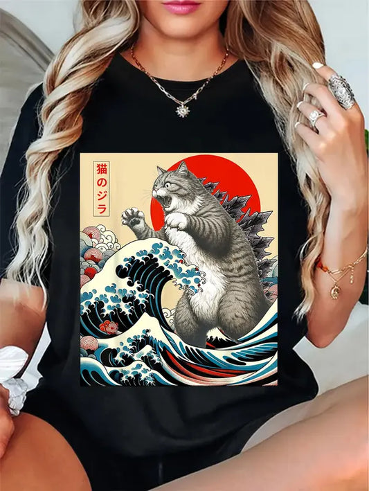 Catzilla Cat Japanese Art Funny Cat 100% Cotton T-Shirt