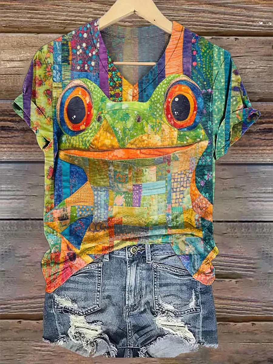 Colorful Trippy Frog Print Cotton Crew Tee