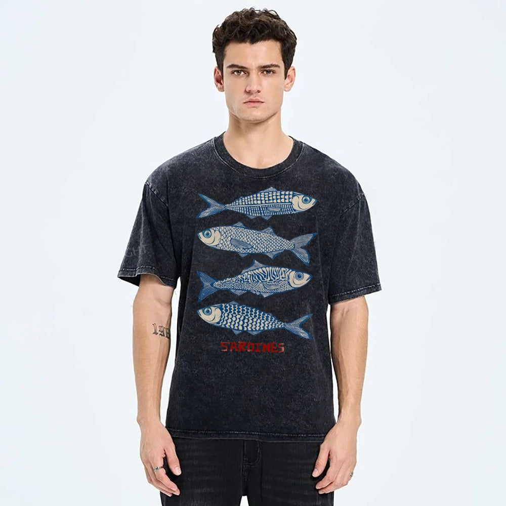 Unisex Sardines Printed Washed Tee