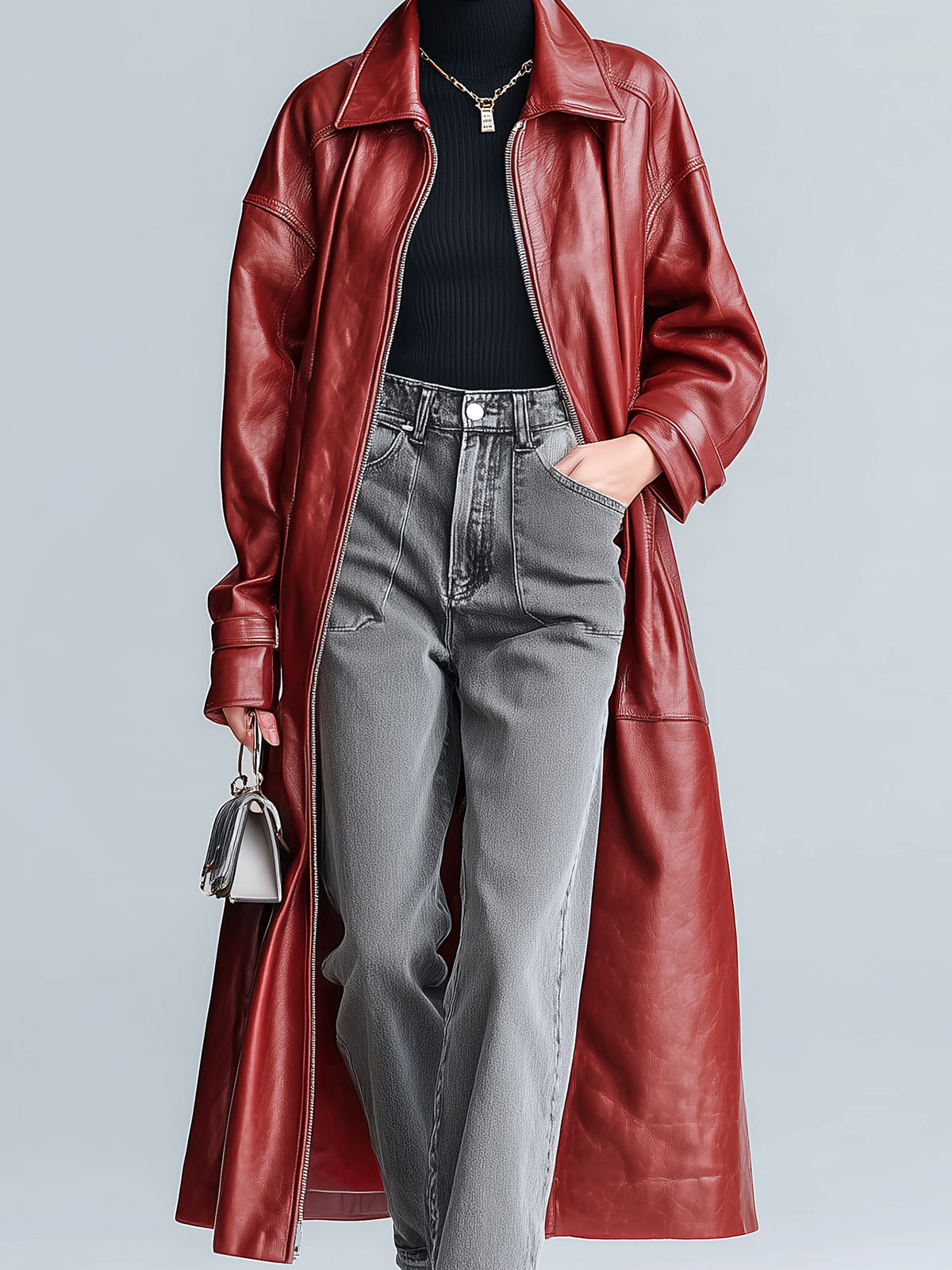 Taidalw Chic Vintage Burgundy Faux Leather Lapel Zipper-Front Long Sleeve Oversized Maxi Trench Coat