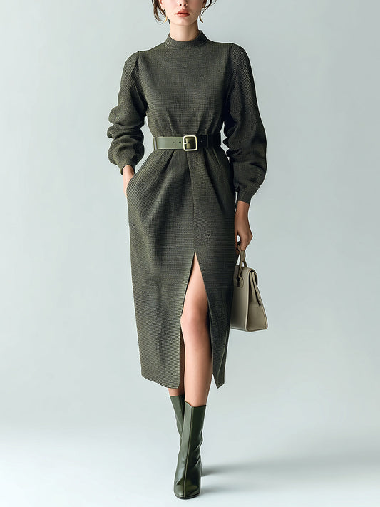Taidalw Casual Office Cotton Blend Plaid Crew Neck Oversized Belted Long Lantern Sleeve Slit Midi Dress