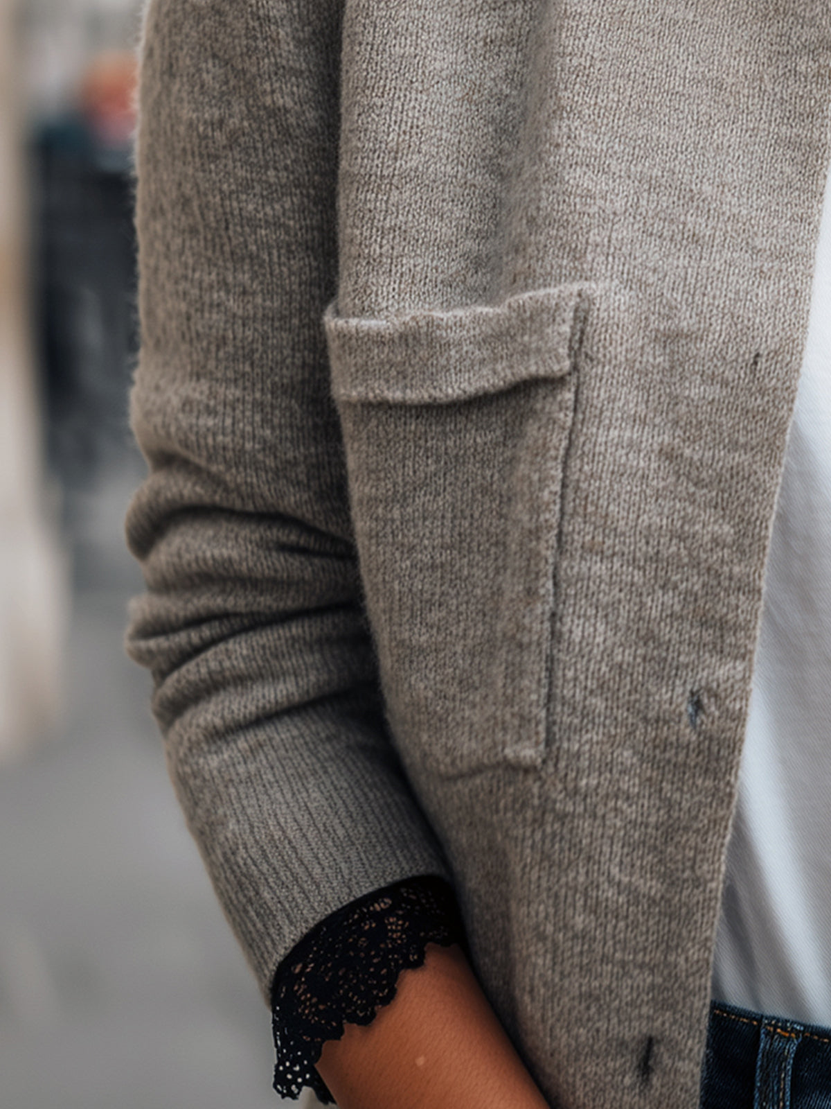 Taidalw Chic Elegant Light Gray Crew Neck Gold Button Double Pocket Lace Cuff Cropped Knit Cardigan