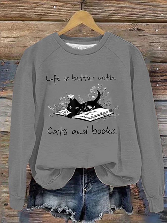 Fun Cat Print Casual Crew Neck Sweatshirt