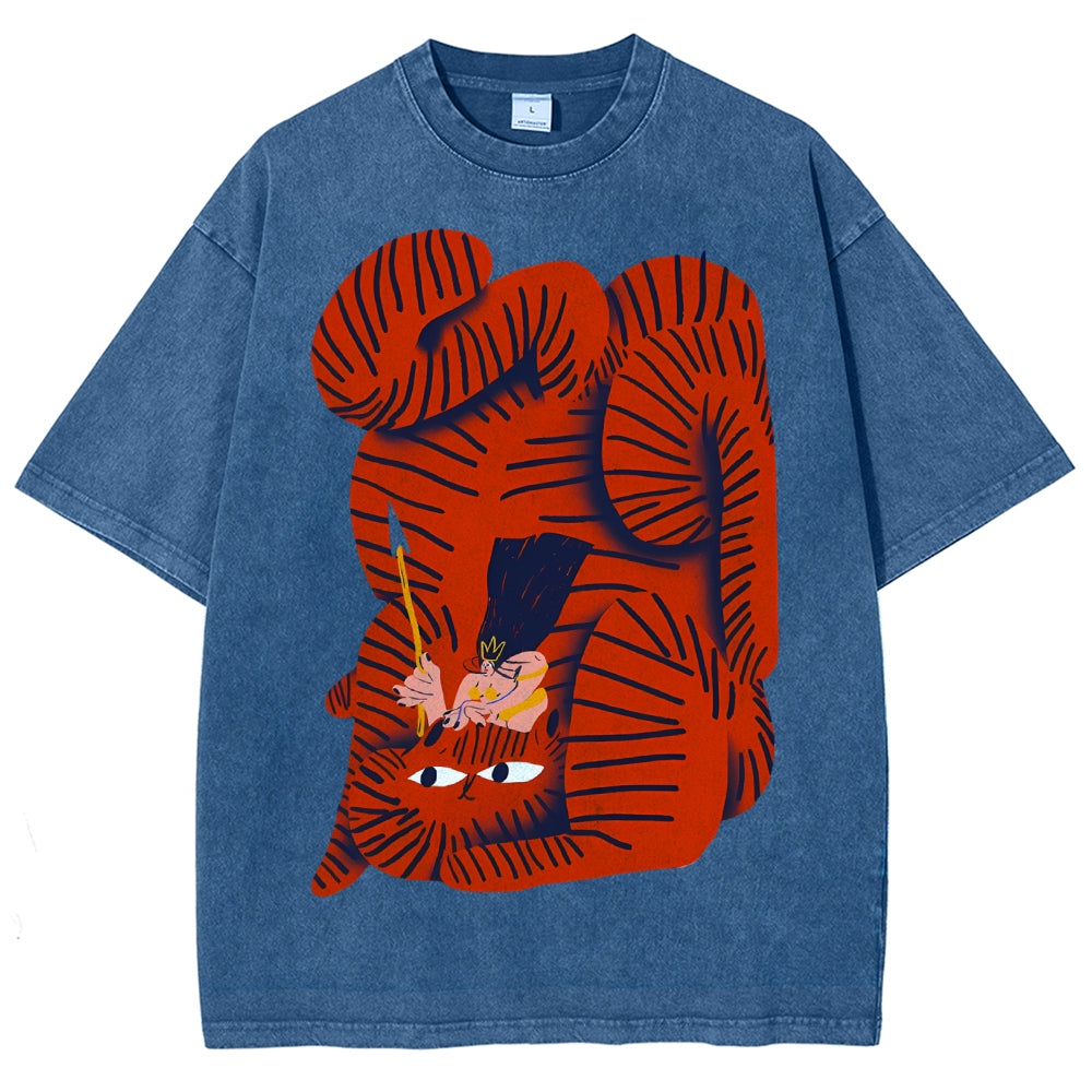 Unisex Vintage Cat Printed Washed Tee
