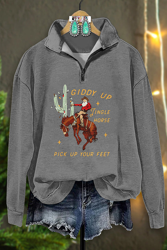 Retro Western Cowboy Santa Claus Print Zip-Up Sweatshirt