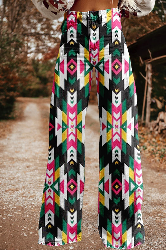 Retro Western Aztec Print Wide Leg Pants