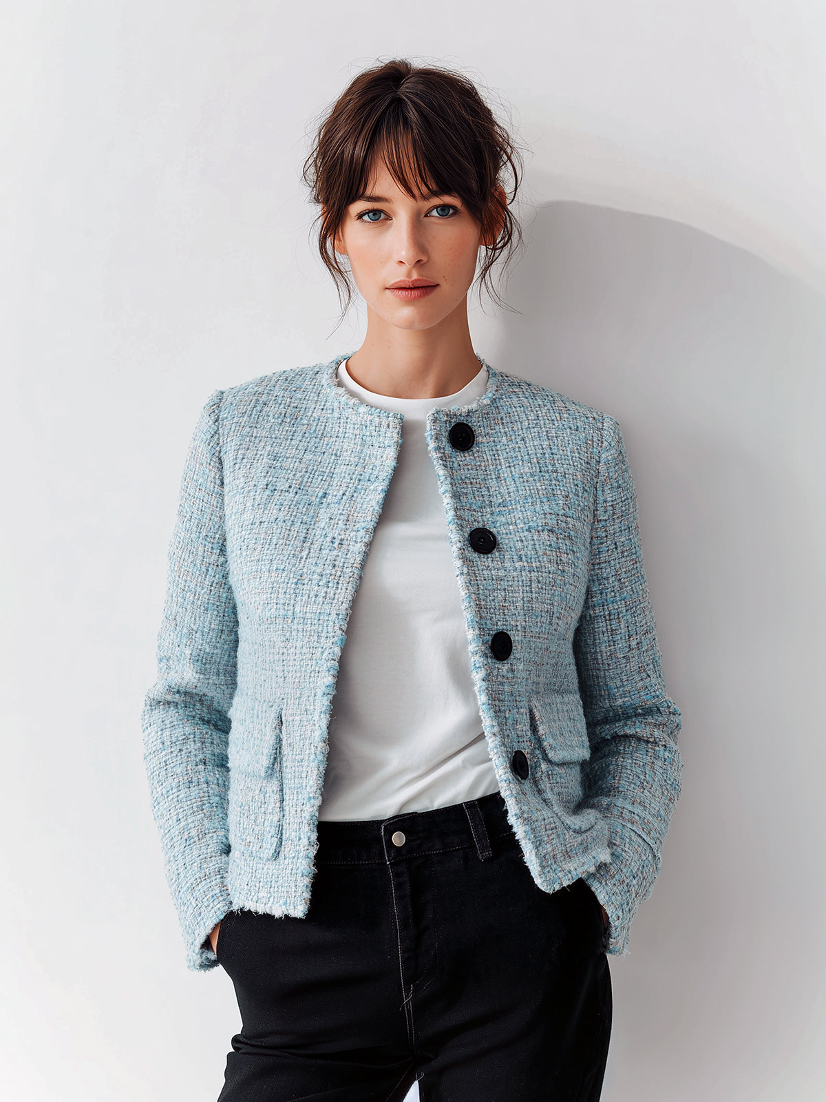 Taidalw Chic Vintage Blue Tweed Round Neck Single-Breasted Flap Pocket Fitted Short Jacket