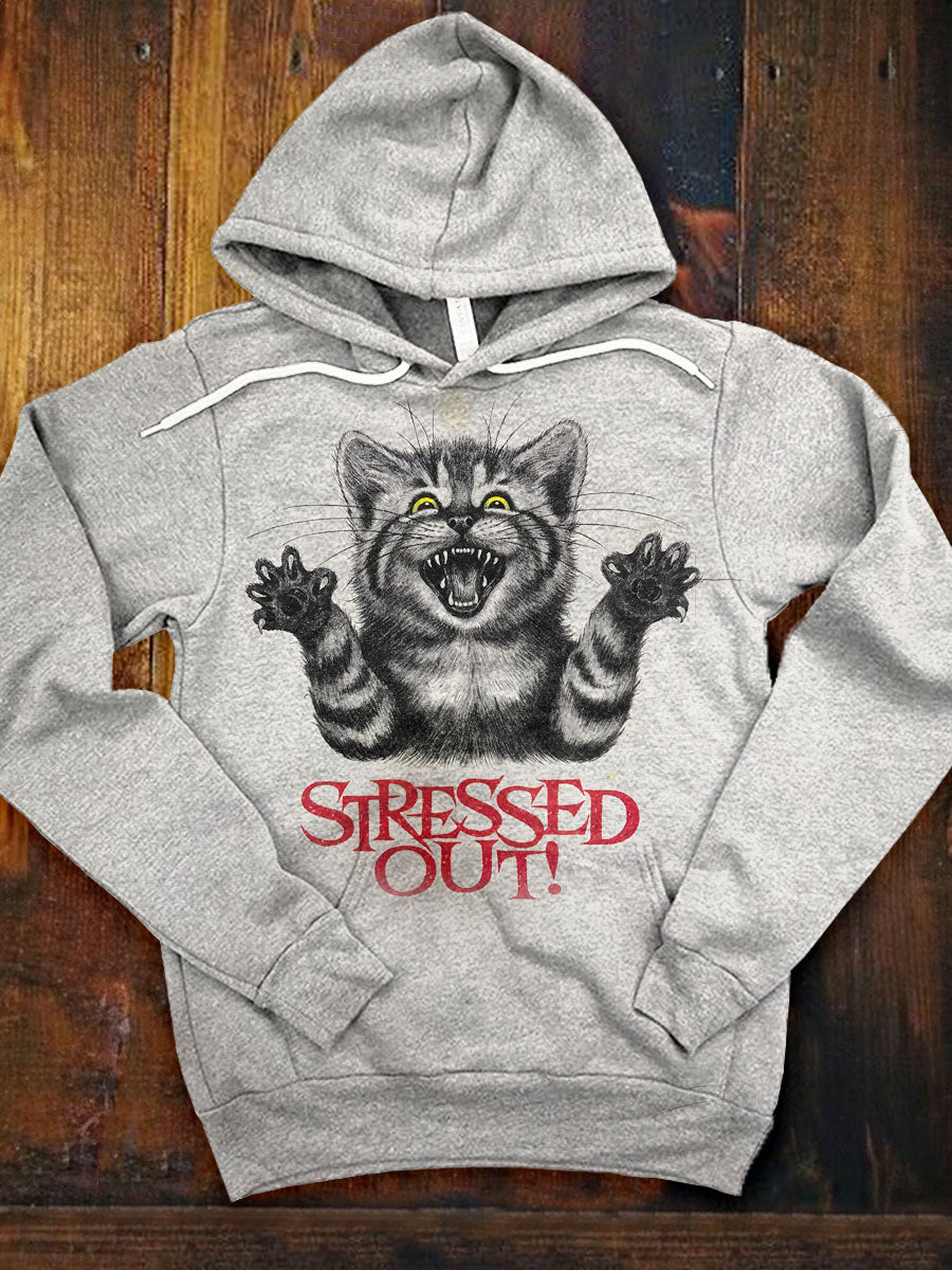 Vintage 90s Funny Cat "Stressed Out" Casual Hoodie Sweatshirt