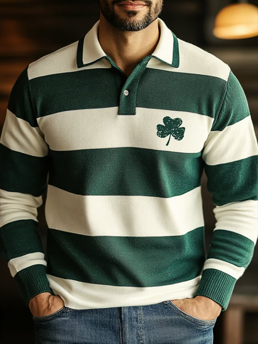 Men's St. Patrick's Day Striped Design Shamrock Art Print Polo Shirt