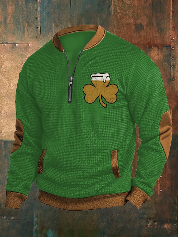 Men's Vintage Shamrock Beer Waffle Contrast Pocket Zipper Henley Sweatshirt