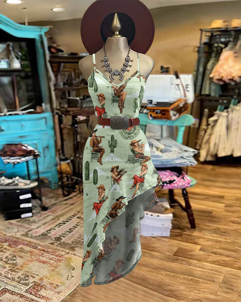 Cowgirl Print Irregular Ruffle Hem Slim Cami Dress