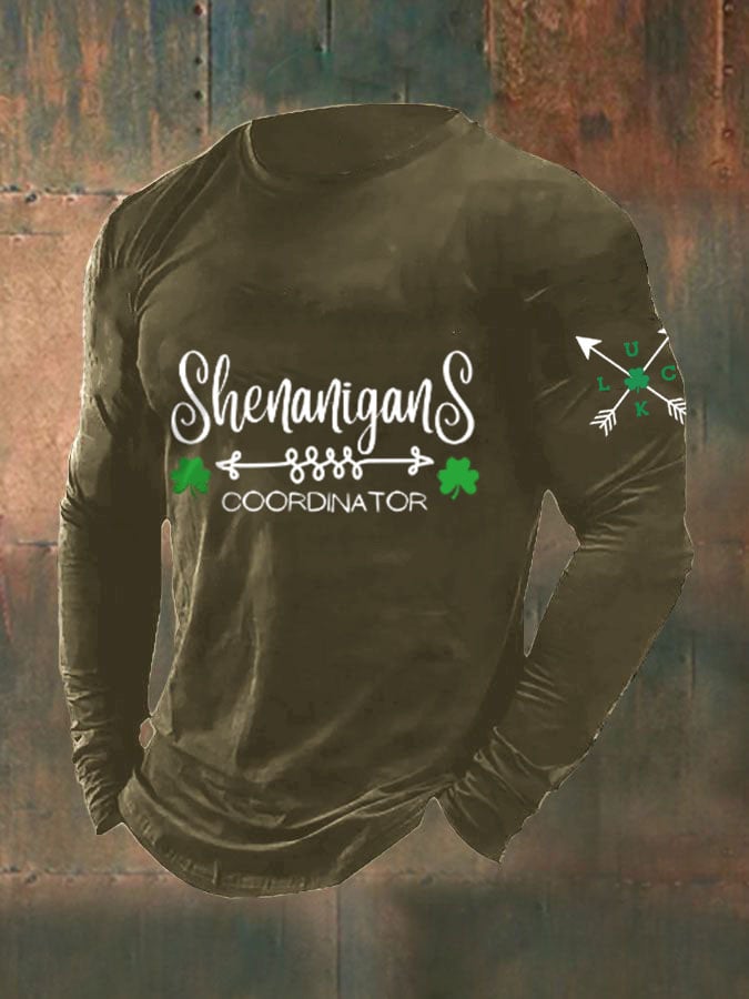 Men's St. Patrick's Day Shenanigans Shamrock Casual Long Sleeve T-Shirt