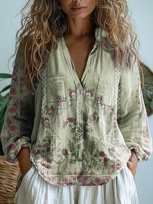 Women's Floral Art Print Casual Long Sleeve Comfortable Cotton Shirt