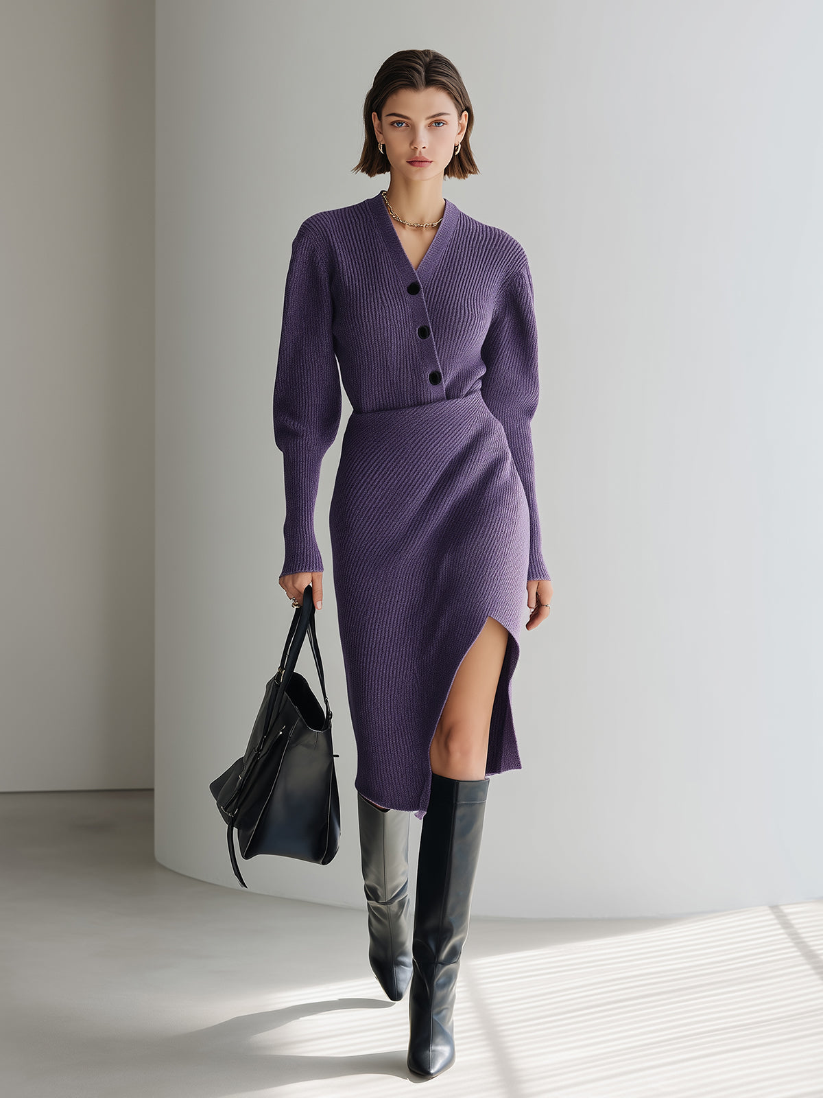 Taidalw Chic Vintage Purple V-Neck Button-Front Long Sleeve Cardigan Top Bodycon Side Slit Midi Skirt Knit Two-Piece Set