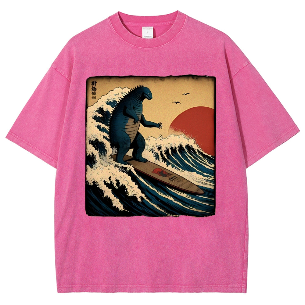 Unisex Vintage Japanese illustration Printed Washed Tee