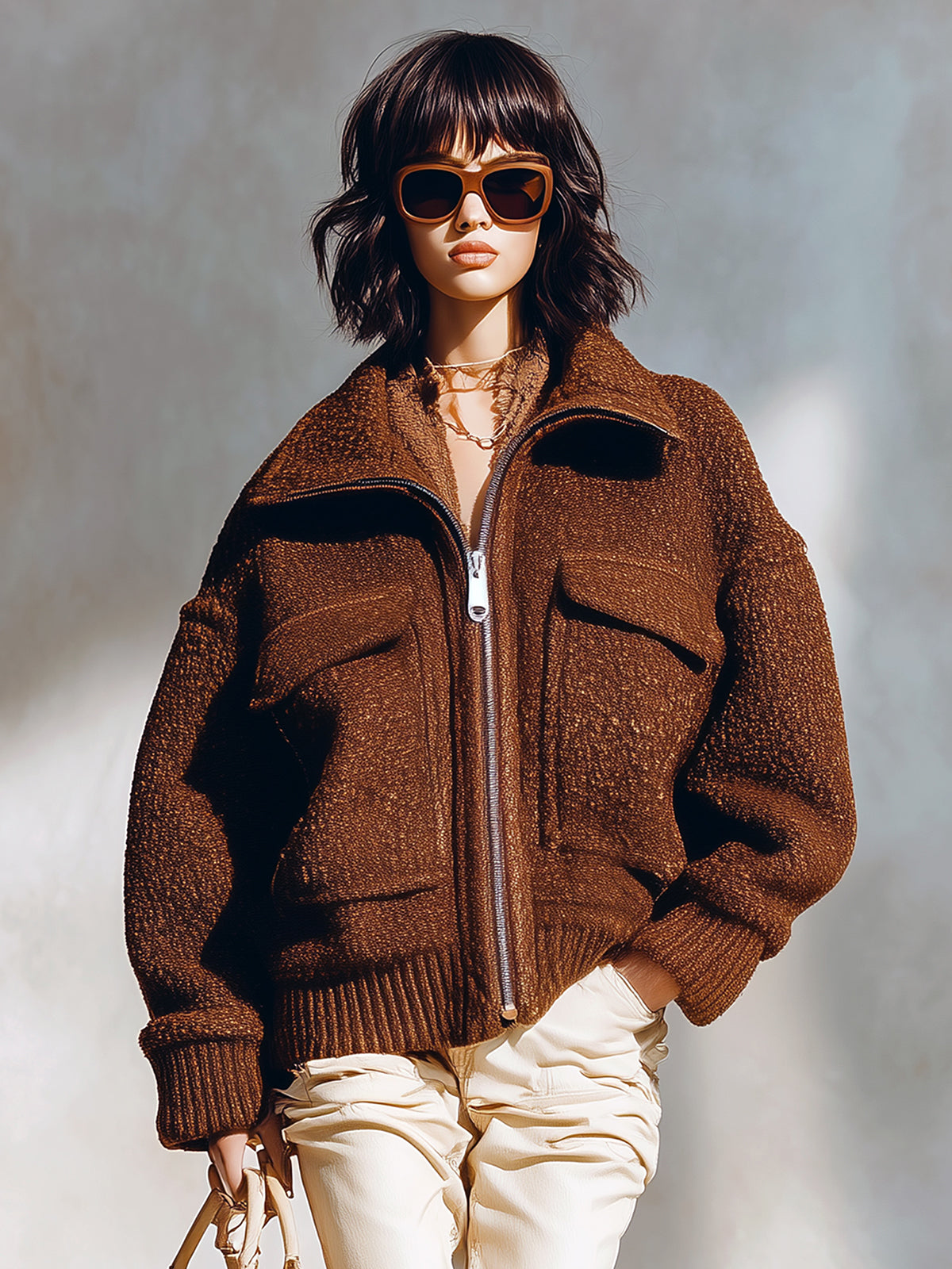 Taidalw Chic Vintage Dark Brown Wool Blend Lapel Zip-Up Multi-Pocket Slouchy Short Jacket