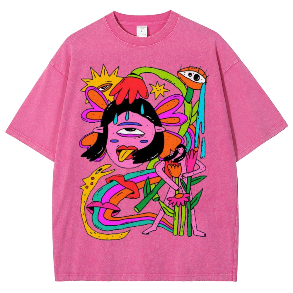 Unisex Abstract Art Human Face Eyes Printed Washed Tee