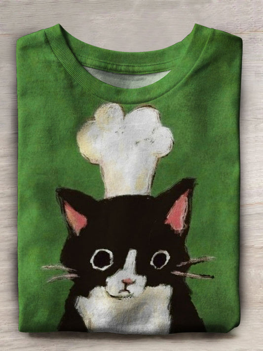 Chef Cat Print Casual Short Sleeve Top