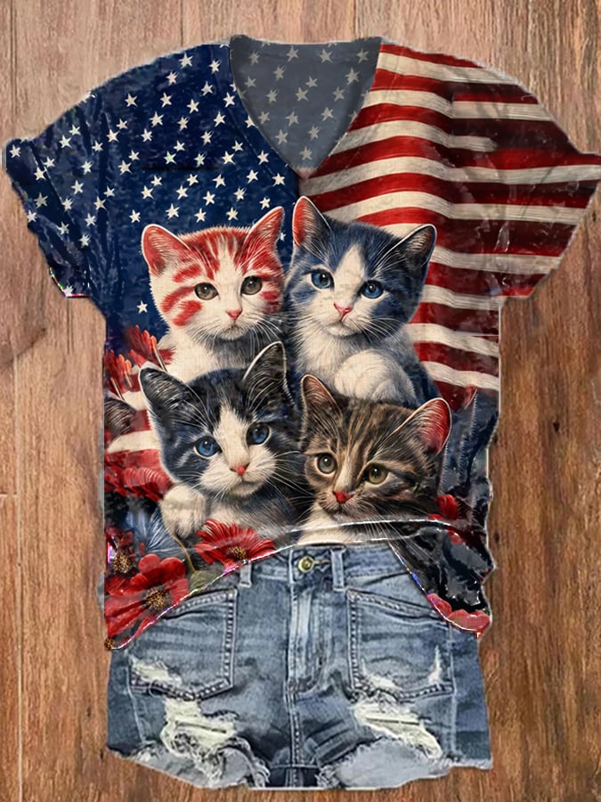 Women's Retro Distressed American Flag Cat Print Casual T-Shirt