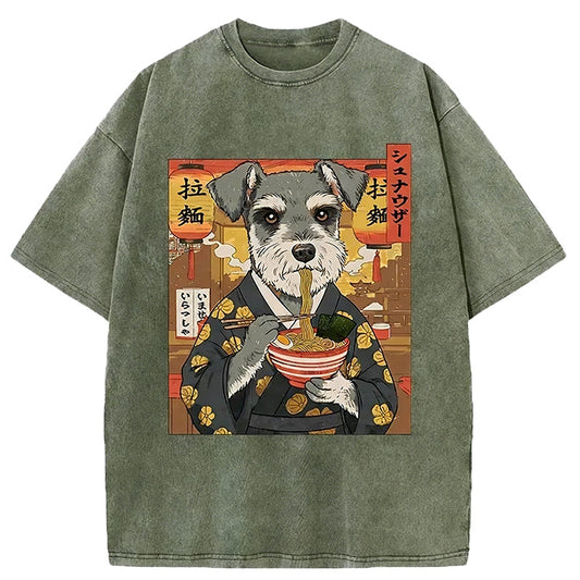 Schnauzer Eating Ramen Washed T-shirt