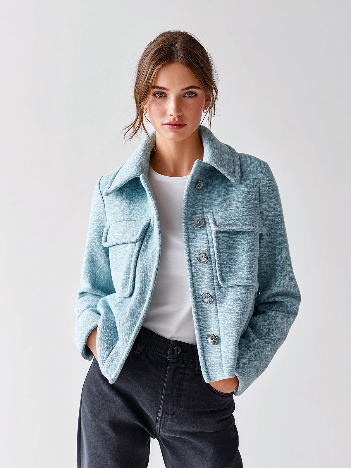 Taidalw Chic Vintage Blue Wool Blend Lapel Single-Breasted Chest Pocket Short Jacket