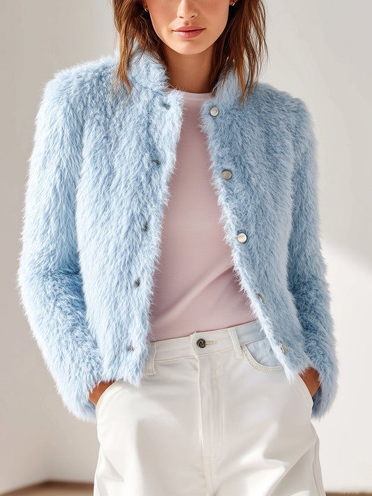 Taidalw Chic Vintage Light Blue Faux Fur Stand Collar Single-breasted Slim Fit Jacket