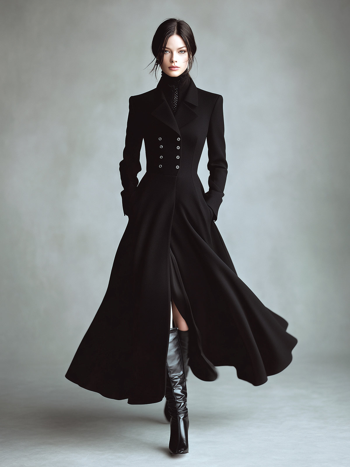 Taidalw Elegant Vintage Wool Blend Lapel Double-Breasted Tailored Waist Maxi Dress Coat