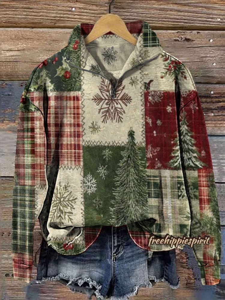 Vintage Christmas Patchwork Art Print Casual  Sweatshirt