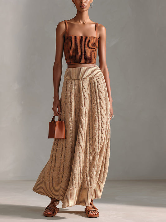 Taidalw Chic Elegant Caramel Square-Neck Slim-Fit Ribbed Tank Top Camel A-Line Cable Knit Maxi Skirt Two-Piece Set