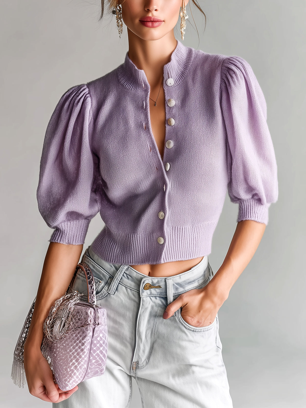 Taidalw Chic Elegant Lavender Stand Collar Single-Breasted Short Puff Sleeve Knit Cropped Cardigan