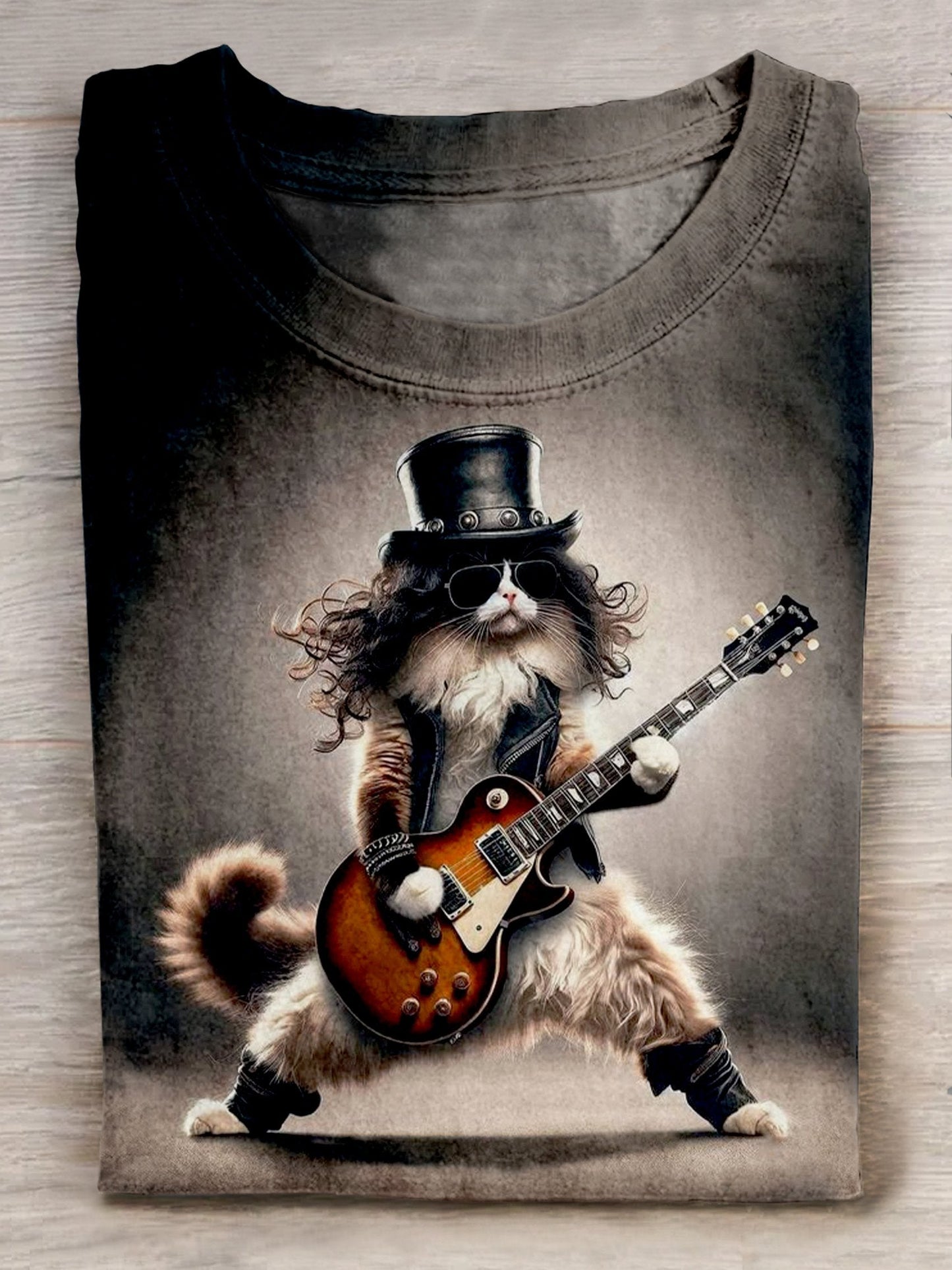 Cat Playing The Guitar Art Print Casaul Short Sleeve T-shirt